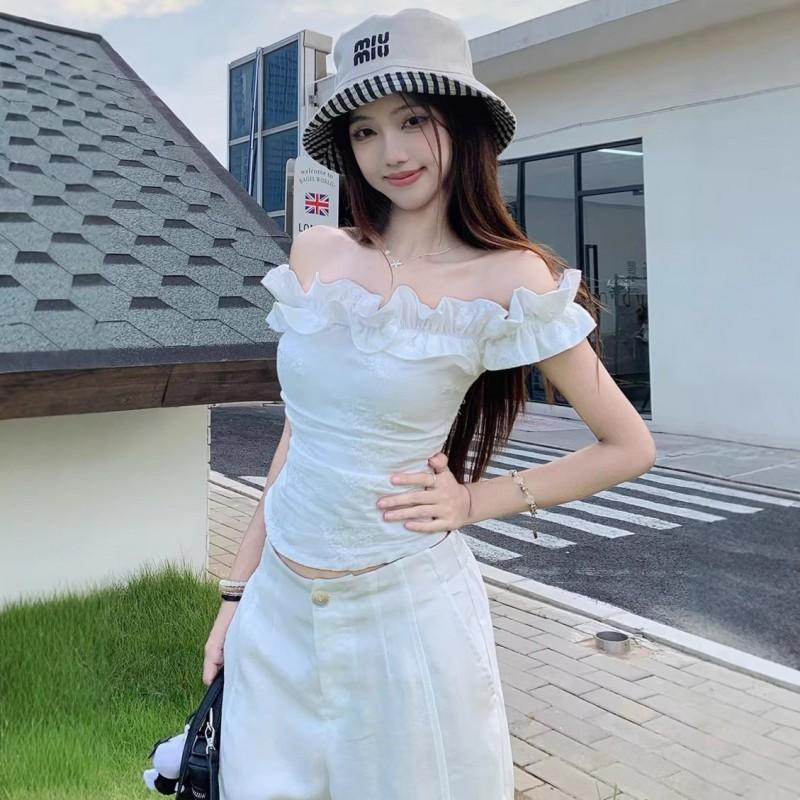 French Retro Fungus Rimmed One-shoulder T-shirt Women Irregular Slim Waist Short Off-shoulder Plaid Top