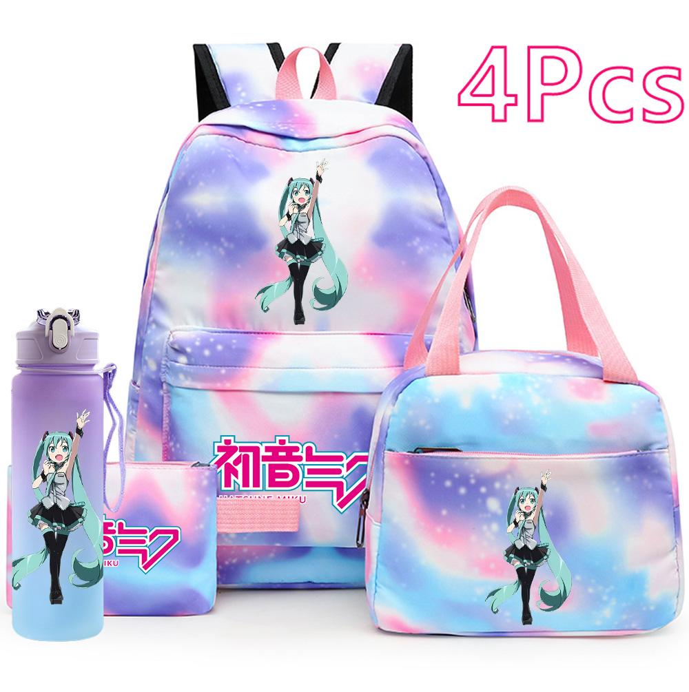 4 шт./комплект Рюкзак с принтом Хацунэ Мику, Сумка, Пенал, Бутылка для воды 750 мл для Подростка Мальчика Девочки, Большой Вместимости, Водонепроницаемый Школьный портфель, Дорожная сумка