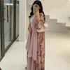 Модный мусульманский женский шифоновый комплект из двух частей с принтом и головным платком, летнее повседневное пальто
