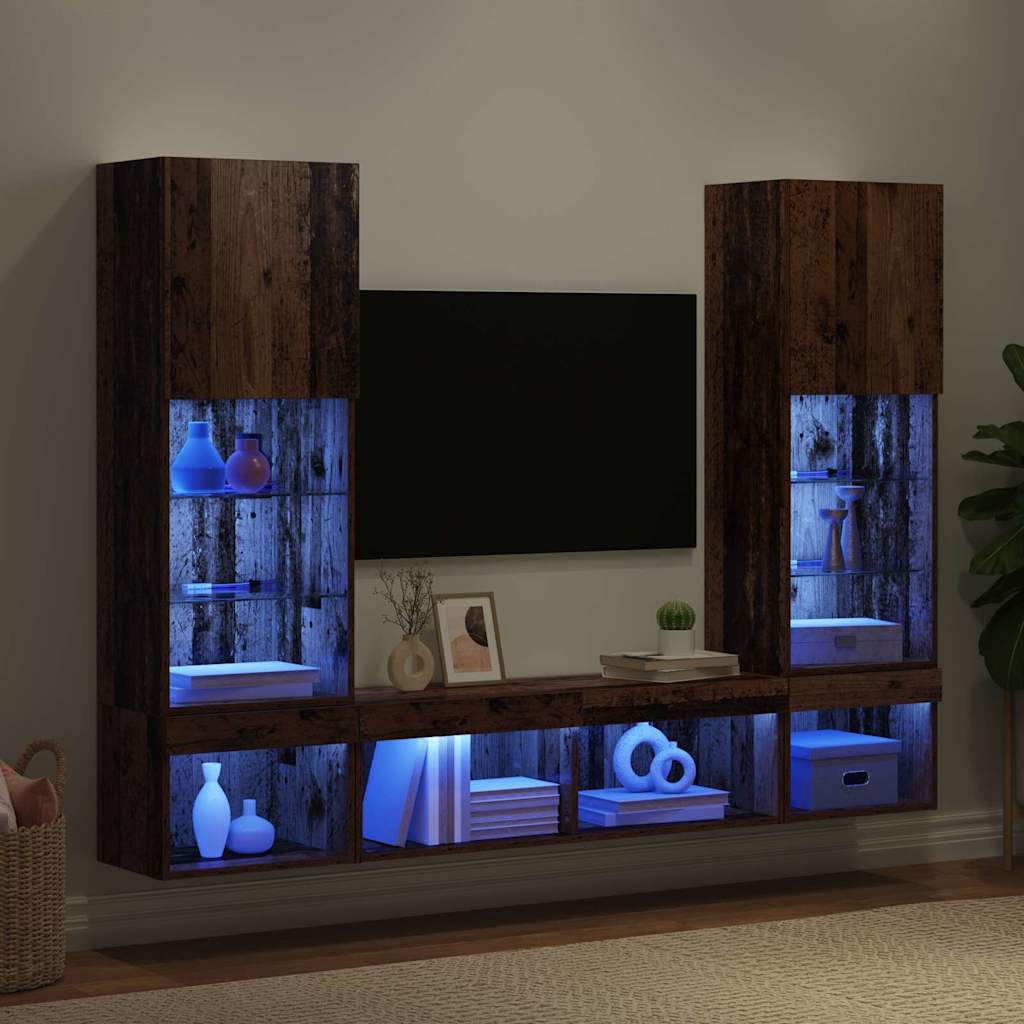 TV Wall Units with LED Lighting 5 pcs Reclaimed Wood Effect Particleboard