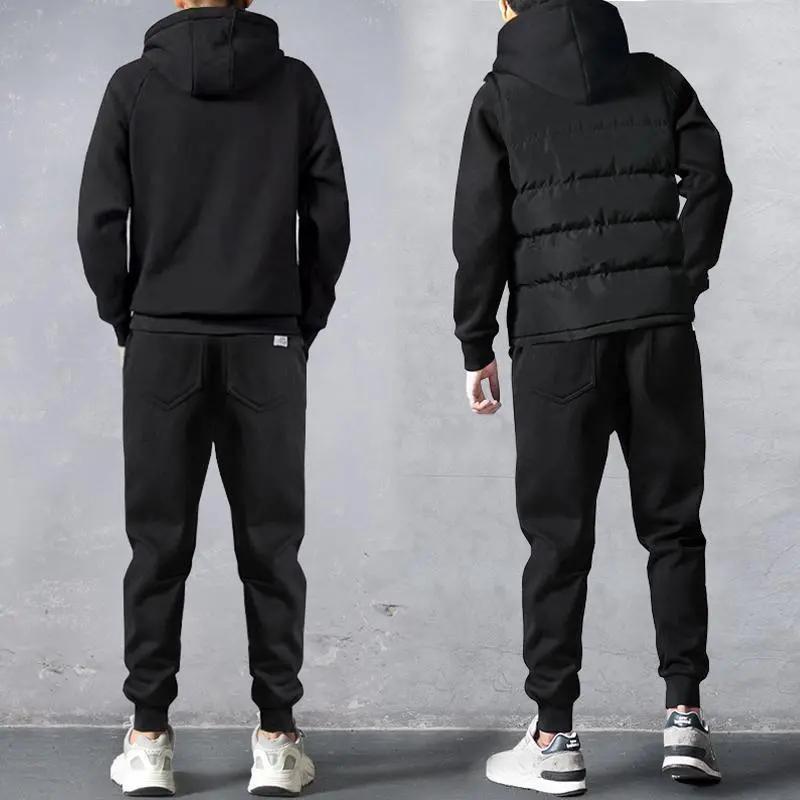 Three-piece Suit Men's Autumn and Winter Hooded Sweater Plus Velvet Clothes Vest Jacket Pants Sports Suit Men's Suit