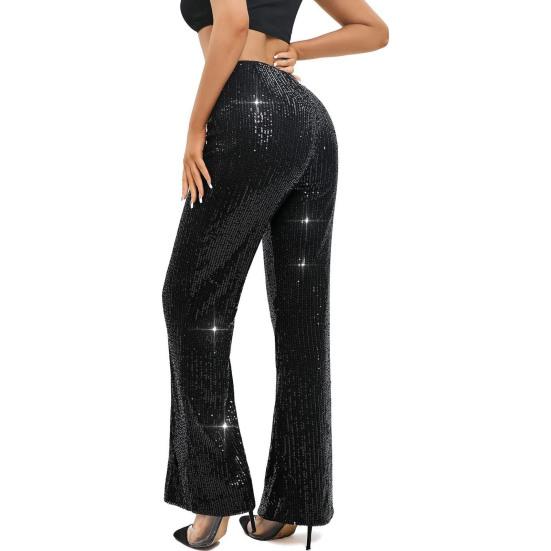 Women High Waist Sparkling Pants Wide Leg Flared Trousers Sequin Bling Party Slacks Glitter Night Out Pants Clubwear