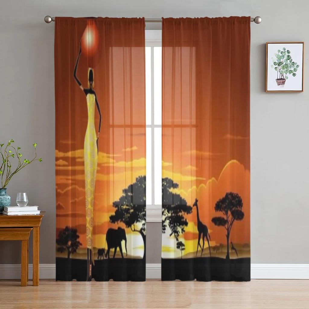 African Woman On Bright Savannah Sunset Tulle Sheer Curtains for Living Room Bedroom Kitchen Decoration Voile Organza Curtains