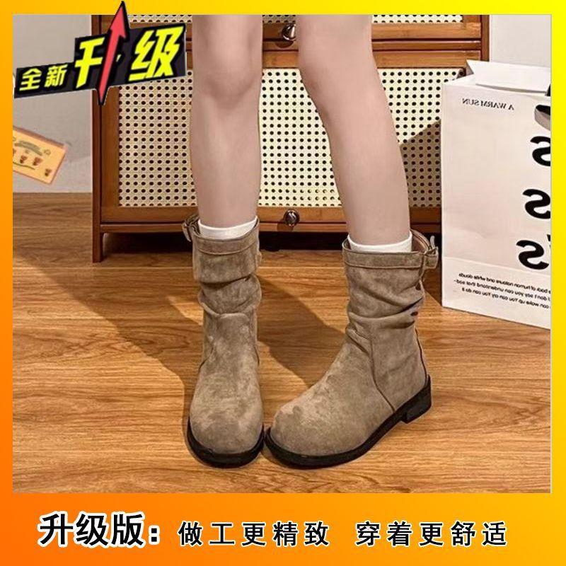Flat Short Boots Women's 2025 Autumn and Winter New Single Boots Thin Sleeve Martin Boots Stacking Boots Retro Medium Boots Women