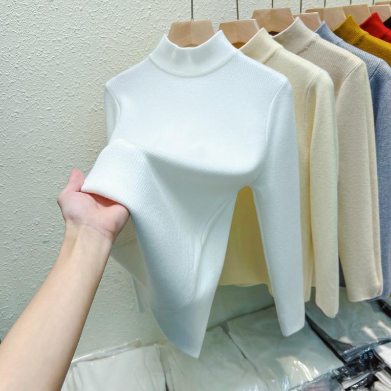 Autumn Warm Velvet Knitted Women's Sweater Casual Winter New Thicken Half High Collar Base Pullover Sweaters Elegant Solid Slim Plush Knitwears 25206