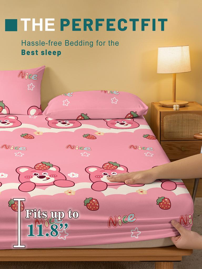 1 Мультяшная Милая Животная Медведь Принт Матовая Простыня на Резинке, Принт Покрывало для Спальни, Постельное Белье (Исключая наволочки)