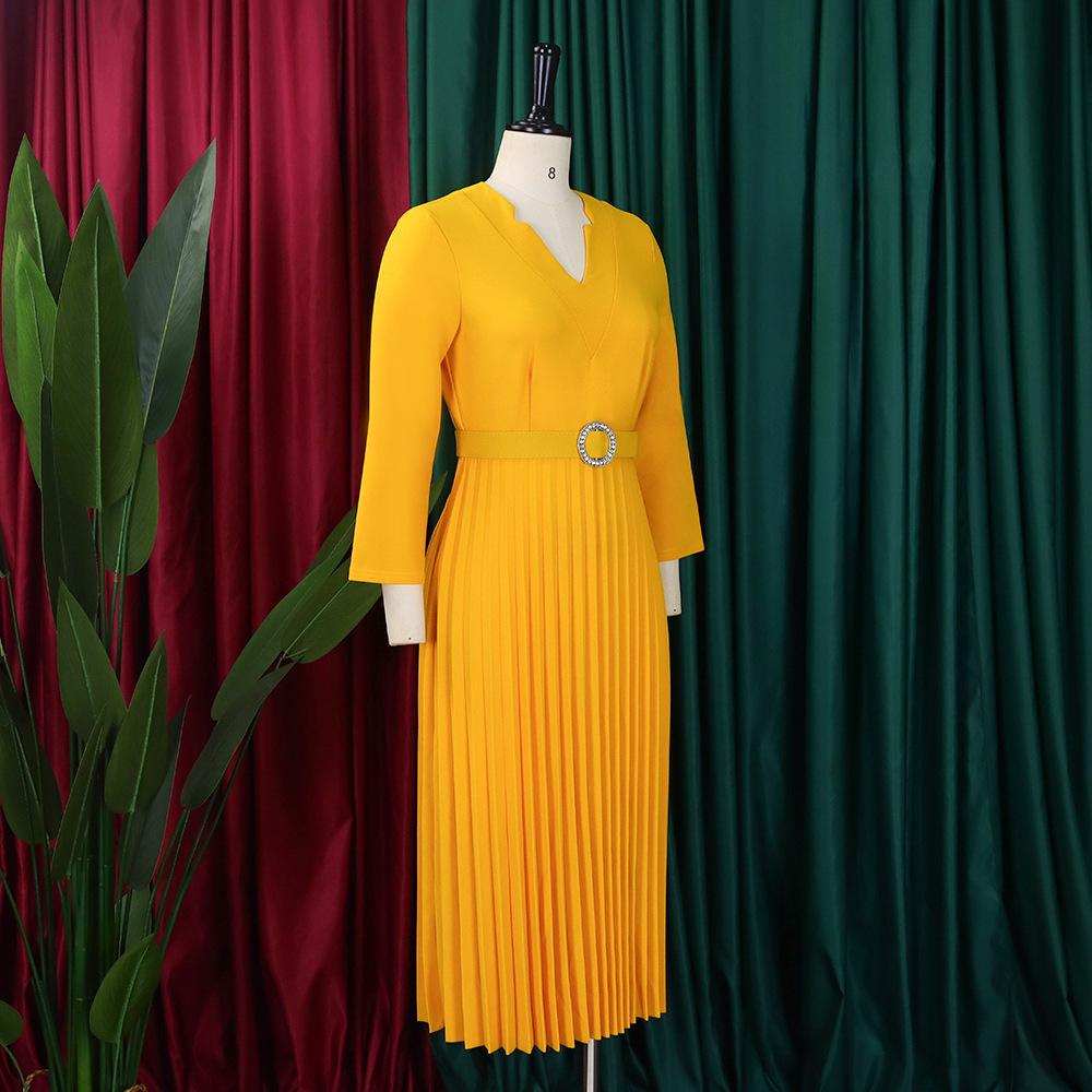 YYFS Women's Fashion Spring Fall Solid Color Print 3/4 Sleeves V-Neck High Waist Casual Dresses