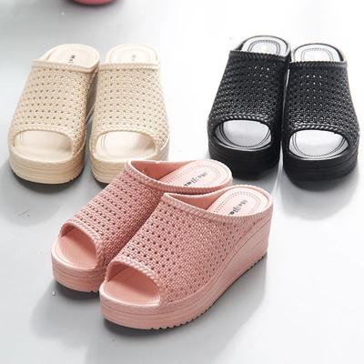 Нескользящие домашние женские тапочки, полые однотонные летние модные удобные тапочки на высоком каблуке