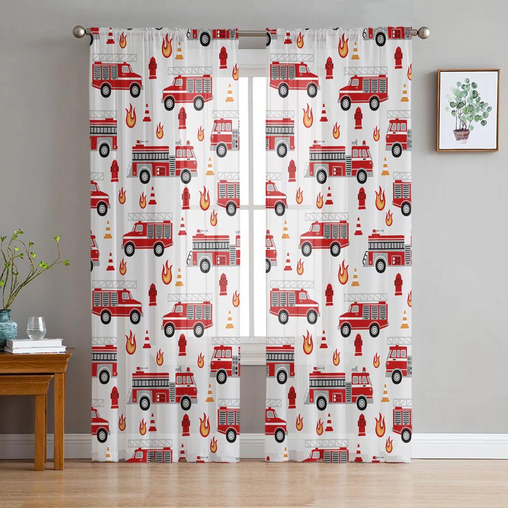 Cartoon Fire Truck Gray Sheer Curtains for Bedroom Living Room Decoration Window Curtain for Kitchen Tulle Voile Organza Drapes