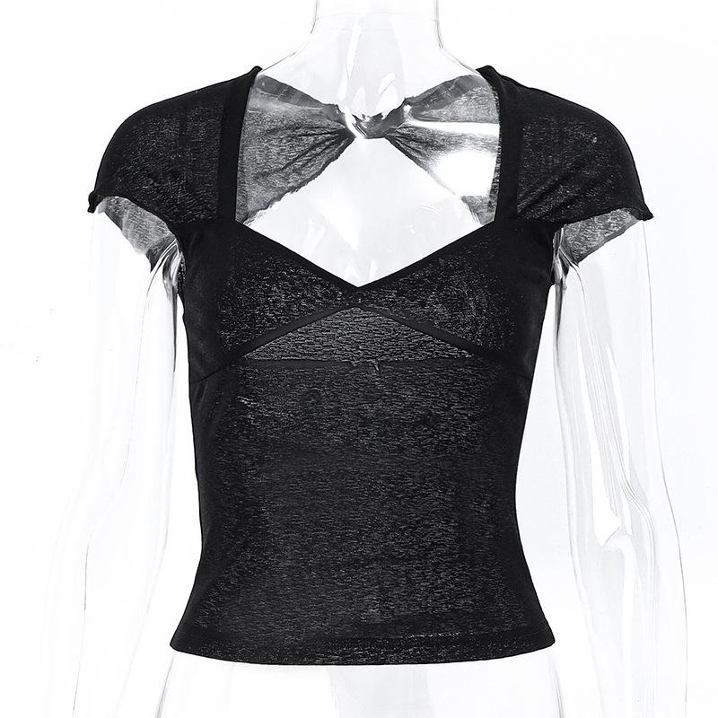 2024 Летняя Женская Сексуальная Футболка с V-образным вырезом и открытой спиной, однотонная, облегающая, с коротким рукавом