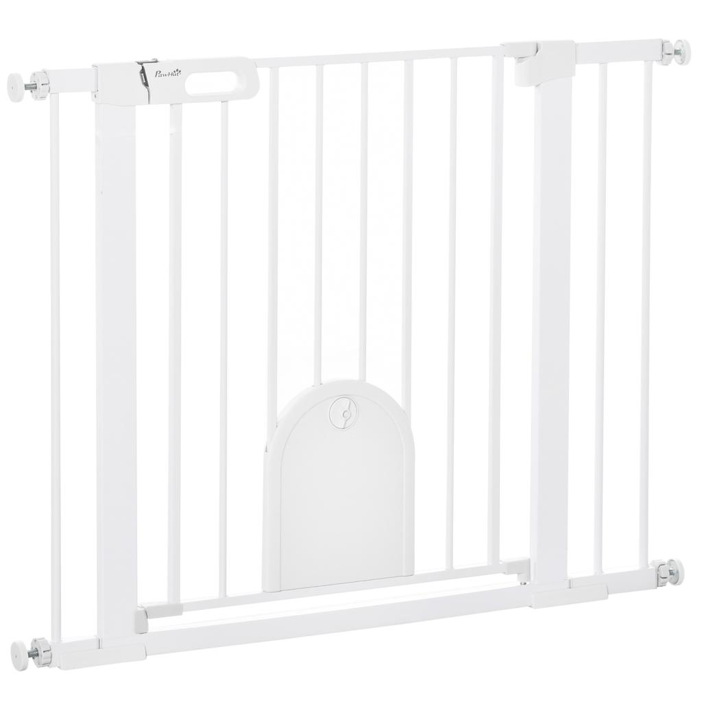 Adjustable Dog Gate with Small Door and Automatic Closure, 75-103x76cm, White