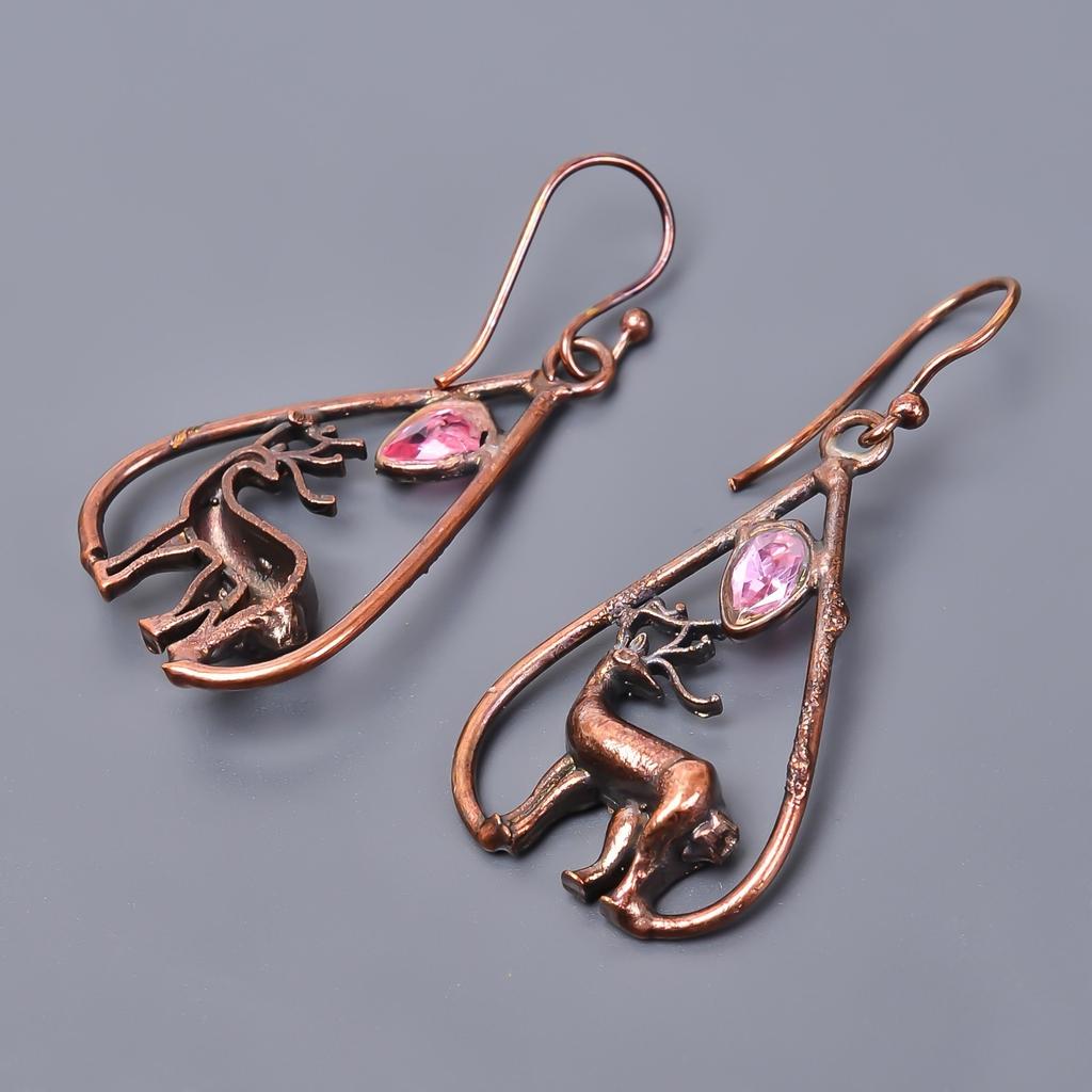 Fancy Pink Amethyst Stone Copper Electroformed Hook Drop Dangle Artisan Earrings V-48