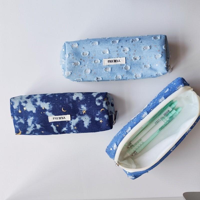 Water Washable Denim Sequin Pencil Pouch With Large Capacity For Students And Office Use