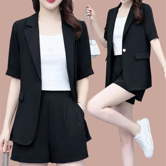 2 Piece Women Casual Outfit Lapel Short Sleeve Blazer Shorts Solid Color OL Style Single Button Blazer Shorts Set Elegant Office Suit