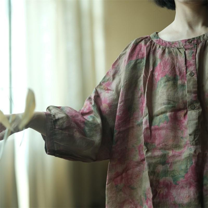 Johnature Summer Women Linen O-Neck Vintage Style Balloon Sleeves Shirt Half Sleeve Flower Print Loose Shirt