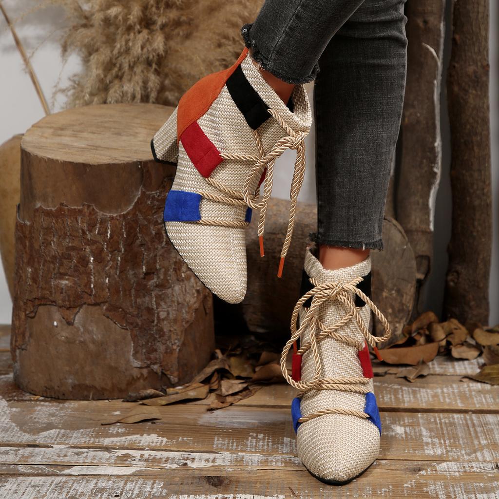 Fashion Women High Heels Boots 2025 New Fashion Trend Chunky Heels Shoes Women Designer Weave Ankle Sexy Open Toe Ankle Boots Female