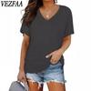 VEZFAA Женские модные повседневные летние весенние однотонные блузки и рубашки с v-образным вырезом и короткими рукавами с принтом