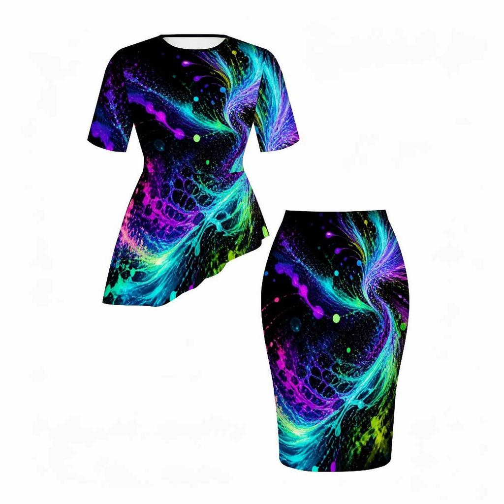 Women Plus Size Black Butterfly Floral Printed Round Neck Short Sleeve Asymmetric Top Fitted Skirt Two Piece Set