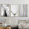 Black and White Scandinavian Winter Canvas Painting Wall Art Woodland Nature Deer Birch Forest Poster For Living Room Deocr