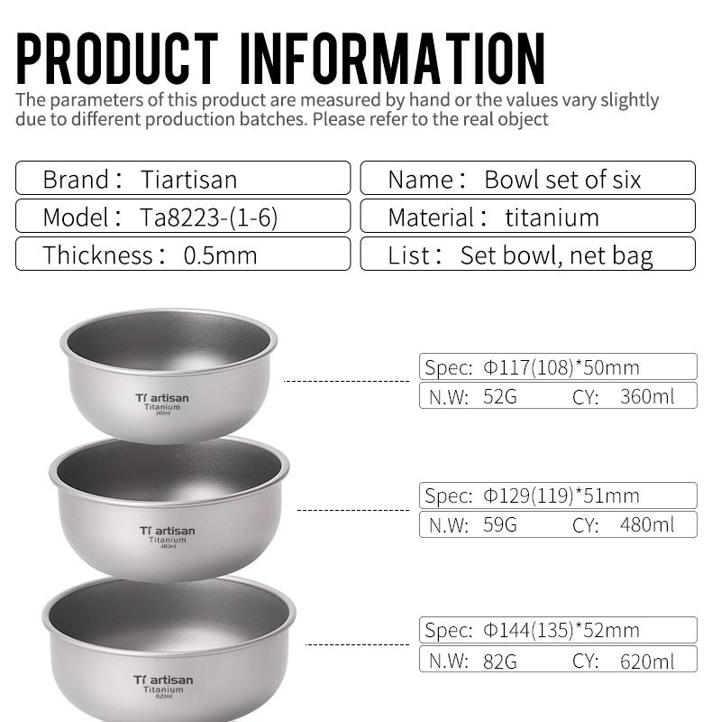 Titanium Cookware Set 360ml-920ml Bowls Camping Tableware Outdoor Picnic Dish Pan Camping Accessories