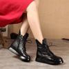 Зимние ботинки из натуральной кожи, женская обувь, ботинки на платформе с круглым носком, увеличивающие рост, для отдыха, швейные ботинки на платформе