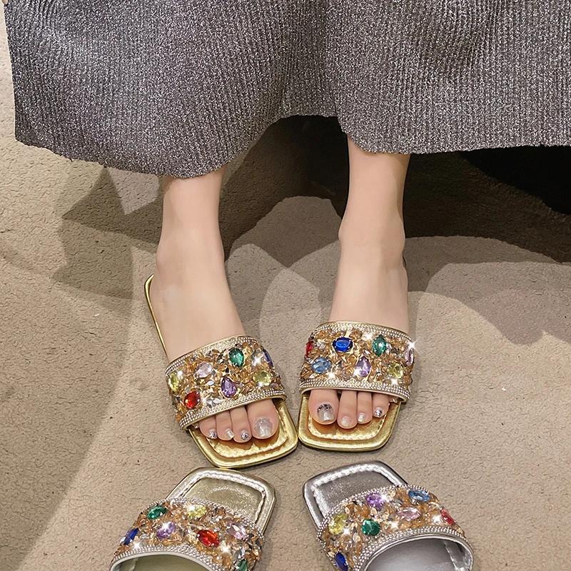 Ladies Shoes 2024 High Quality Plus Size Women's Slippers Fashion Crystal Daily Slippers Women Hot Sale Square Toe Flat Slippers
