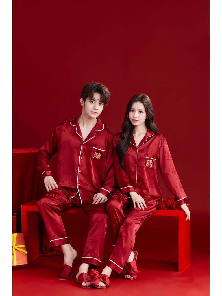 Bright Red Spring-Autumn Panda Jacquard Wedding Pajamas Set for Couples – Festive Plus Size Homewear for Men and Women