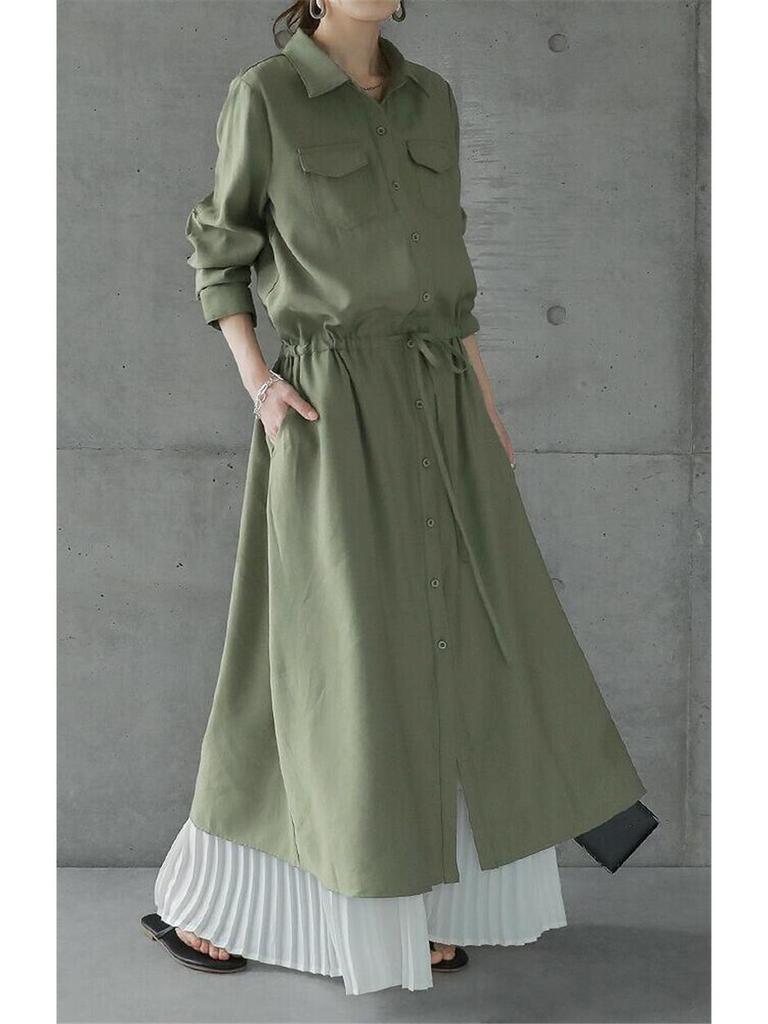 Женское весенне-осеннее платье-макси рубашечного кроя с отложным воротником - Длинный рукав, Однотонное, Повседневное