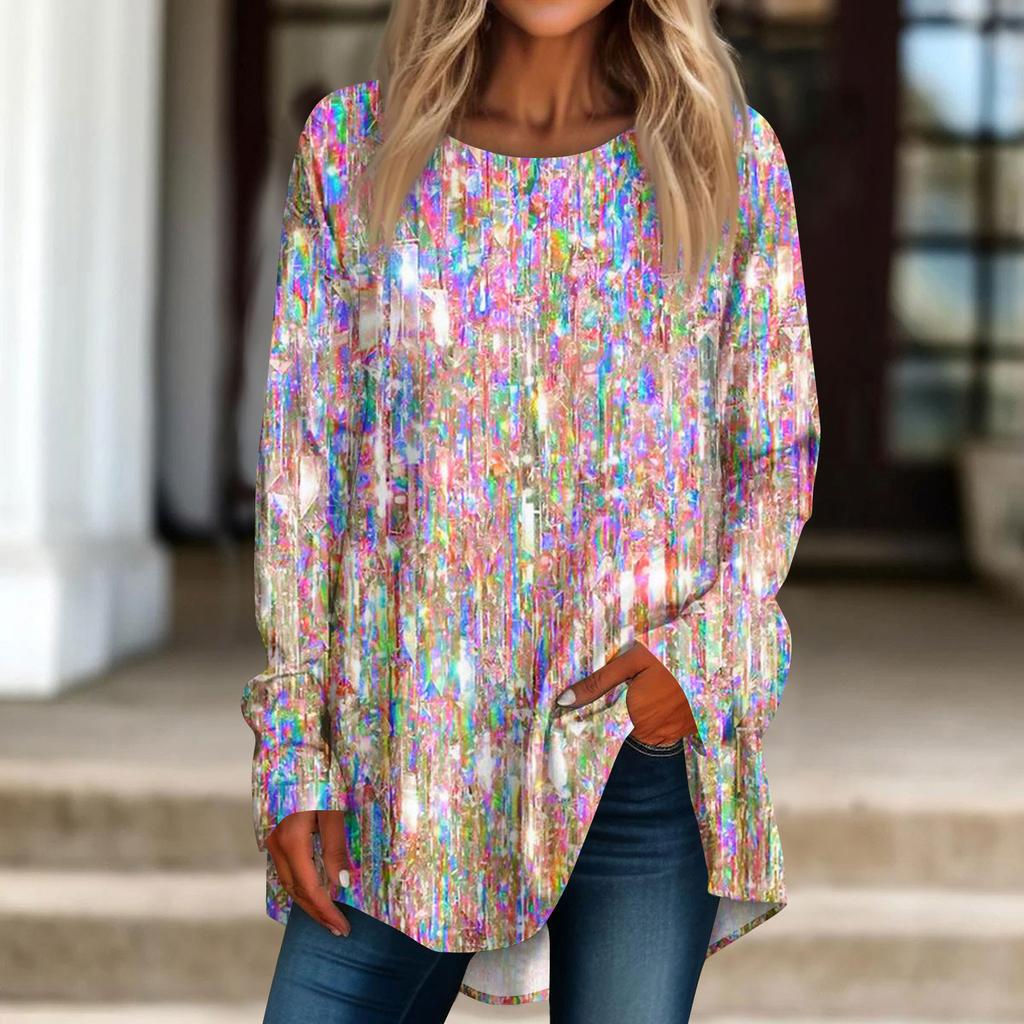 Женская повседневная футболка с длинным рукавом с круглым вырезом и принтом пайеток