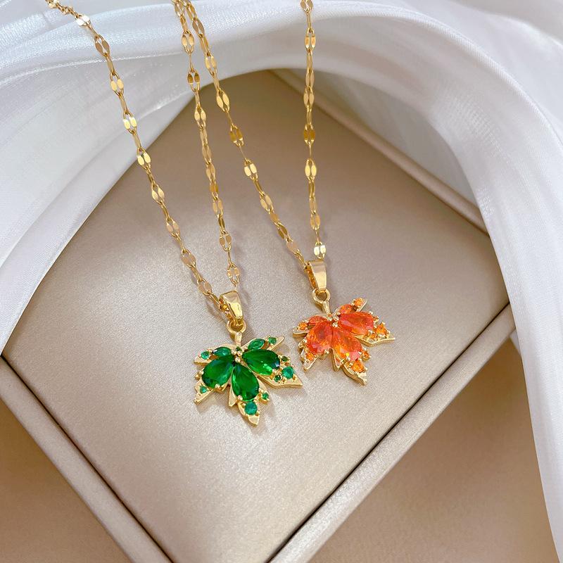 Zircon Maple Leaf Pendant Necklace for Women 2023 New Stainless Steel Chain Necklace Fashion Party Jewelry