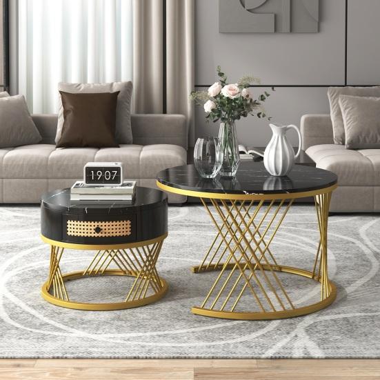 End Table 2 In 1 Round Coffee Made of MDF Side with A Marble Tabletop and Plastic Rattan Sofa Drawers Solid Wood Handles Gold-Colored Iron Legs. 70