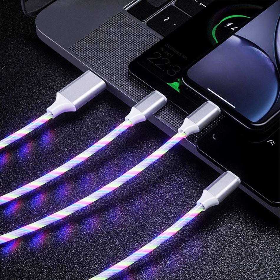 1,2 м 3 в 1 USB-кабель для зарядного устройства для мобильного телефона Micro USB Type C Зарядный кабель для iPhone Зарядный светящийся светодиодный светящийся шнур для передачи данных