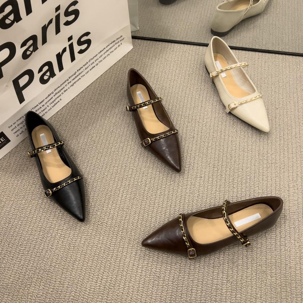 Французские остроносые женские туфли весна 2025, новая модель для нежных вечерних выходов, универсальные туфли Мэри Джейн с металлической цепочкой.