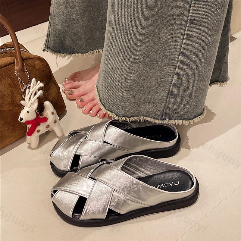 Fashion Women's Half Slippers Summer Closed Toe Woven Hollow Out Mules Shoes Retro Outdoor Leisure Flat Beach Sandals Sandalias De Mujer
