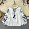 Women's Vintage Ethnic Style Embroidered Blouse Tassel Tie Round Neck Loose Bubble Sleeve Vacation Top