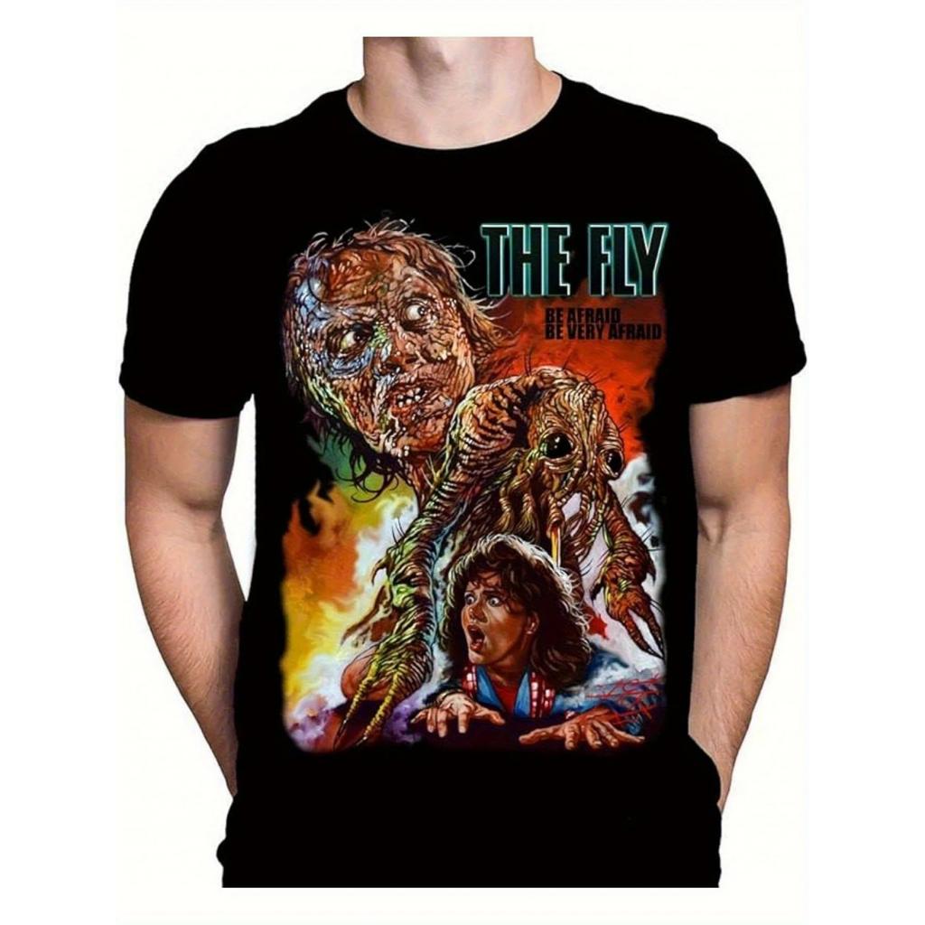 Men's _Fly Man_ Horror Movie Themed Printed T-shirt - Classic Movie Pattern Short Sleeved Outdoor Outfit Horror Movie T-shirt