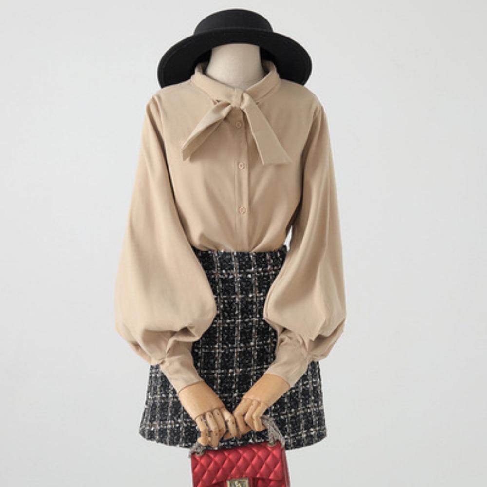 Женские блузки в стиле весна-осень, рубашки, длинные рукава-фонарики, воротник-стойка, свободные блузы, топы