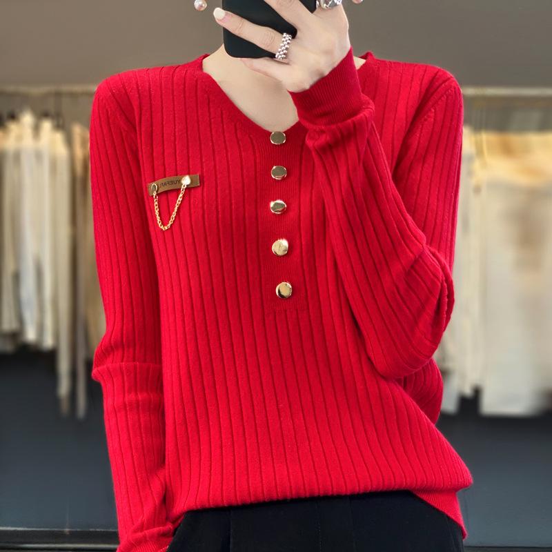 DAFIFY Женская мода повседневная осень-зима однотонный принт длинный рукав V-образный вырез свитера