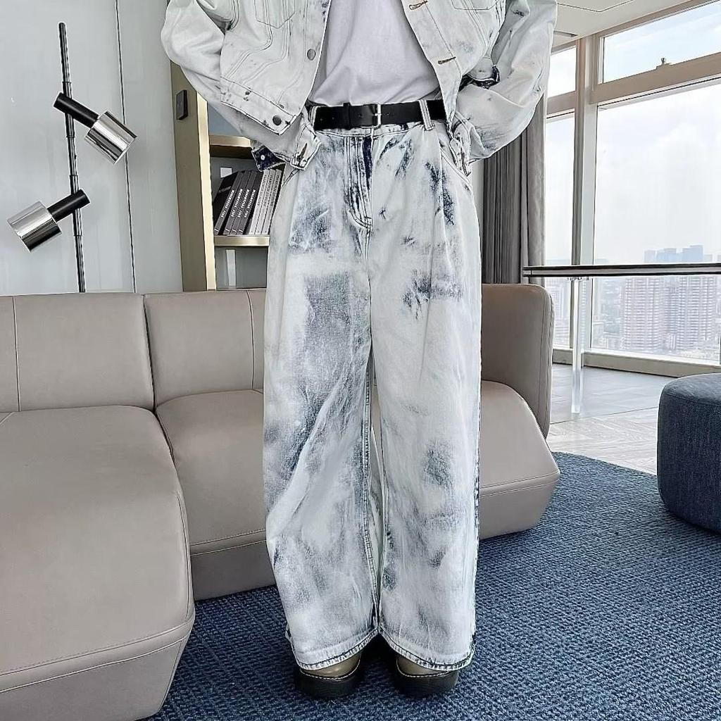Men's Retro Tie-Dye Casual Suit: Loose Denim Jacket & Wide-Leg Trousers