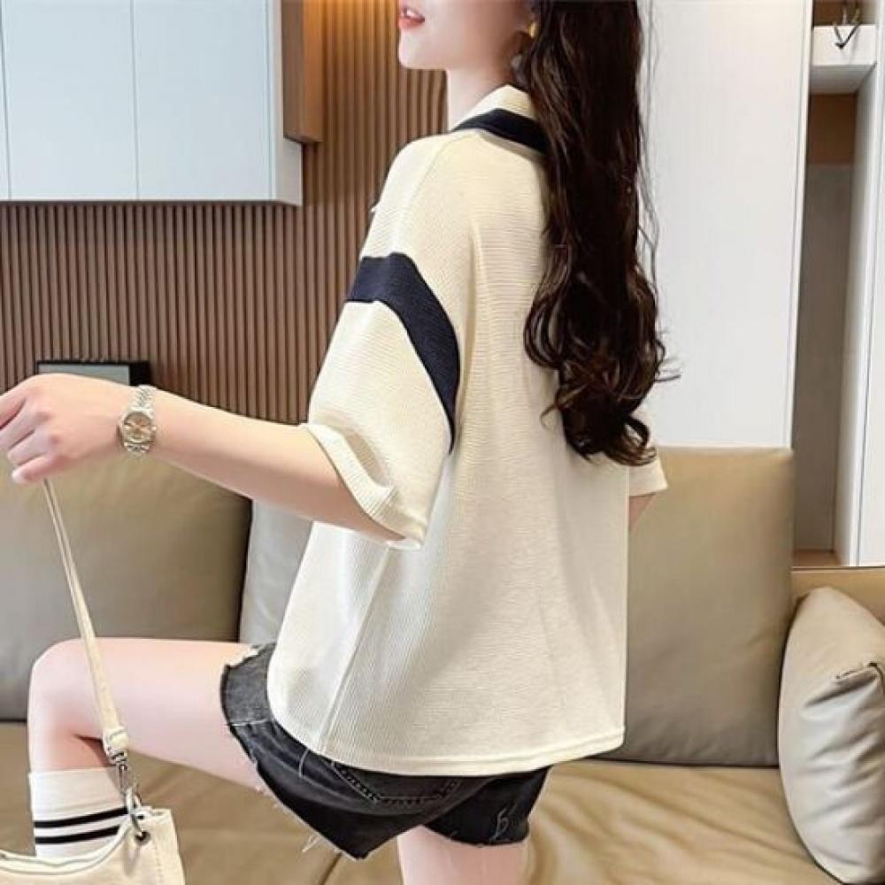 Navava Women Bicolor Lace Up Collar ShorT Sleeve T shirT nT2490