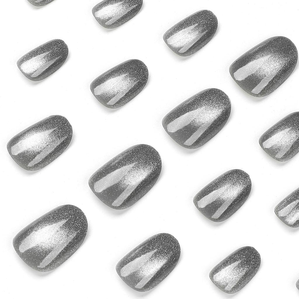 Cat Eye Grey Press-on Nail with Glitter Smooth Edge Resin Reusable Artificial Nail for Lady Beauty Nail Makeup