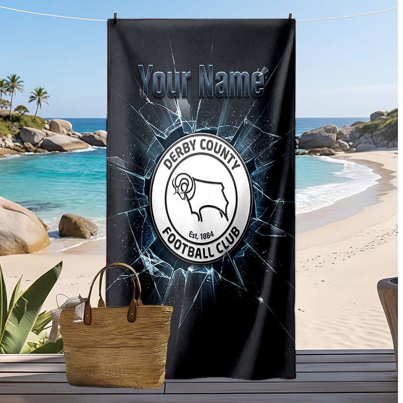 Derby County Personalized Printed Beach Towel Soccer Logo Support Custom Name Text Absorbent Towel For Sport Travel Special Gift