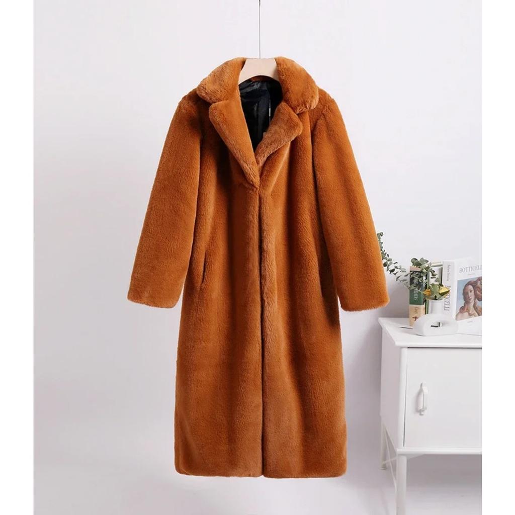 Winter Women High Quality Faux Rabbit Luxury Long Fur Coat Lapel OverCoat Thick Warm Female Plush Jacket Large Size 5XL