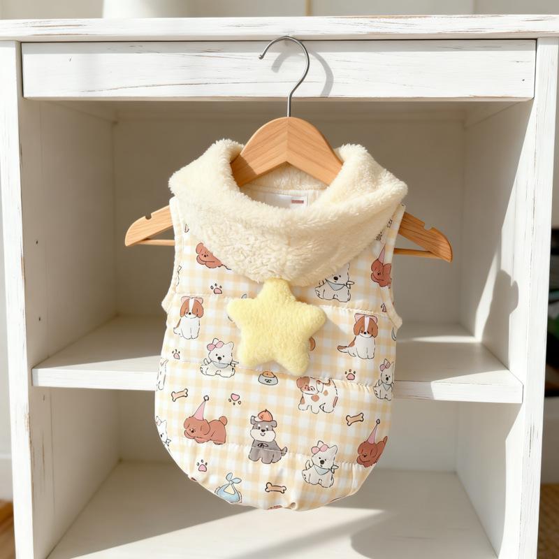 Pet cat and dog autumn and winter thickened warm cotton-padded jacket sleeveless vest fur collar hat cute trendy clothing