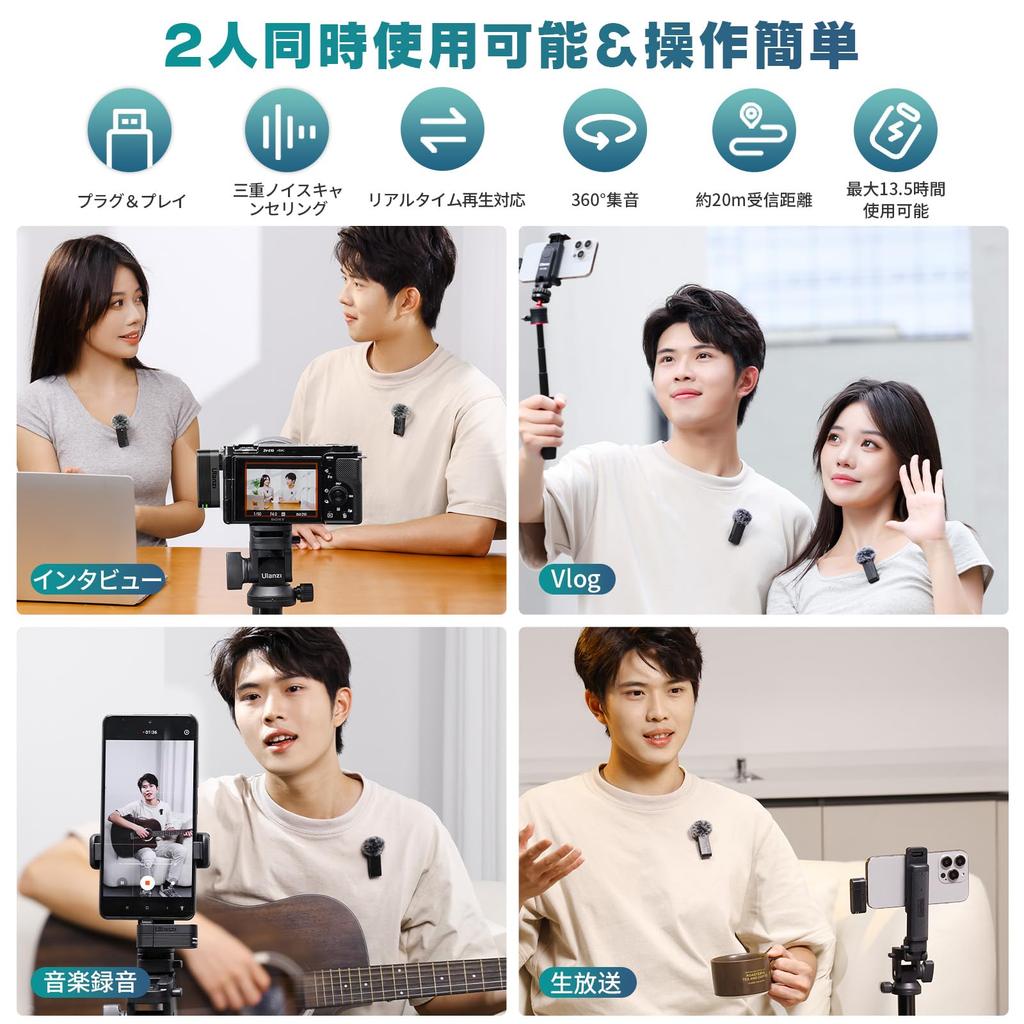 Ulanzi Беспроводной микрофон A100, Петличный микрофон, Внешний микрофон для смартфона, Сбор звука на 360°, Шумоподавление, Одновременная запись для 2 человек