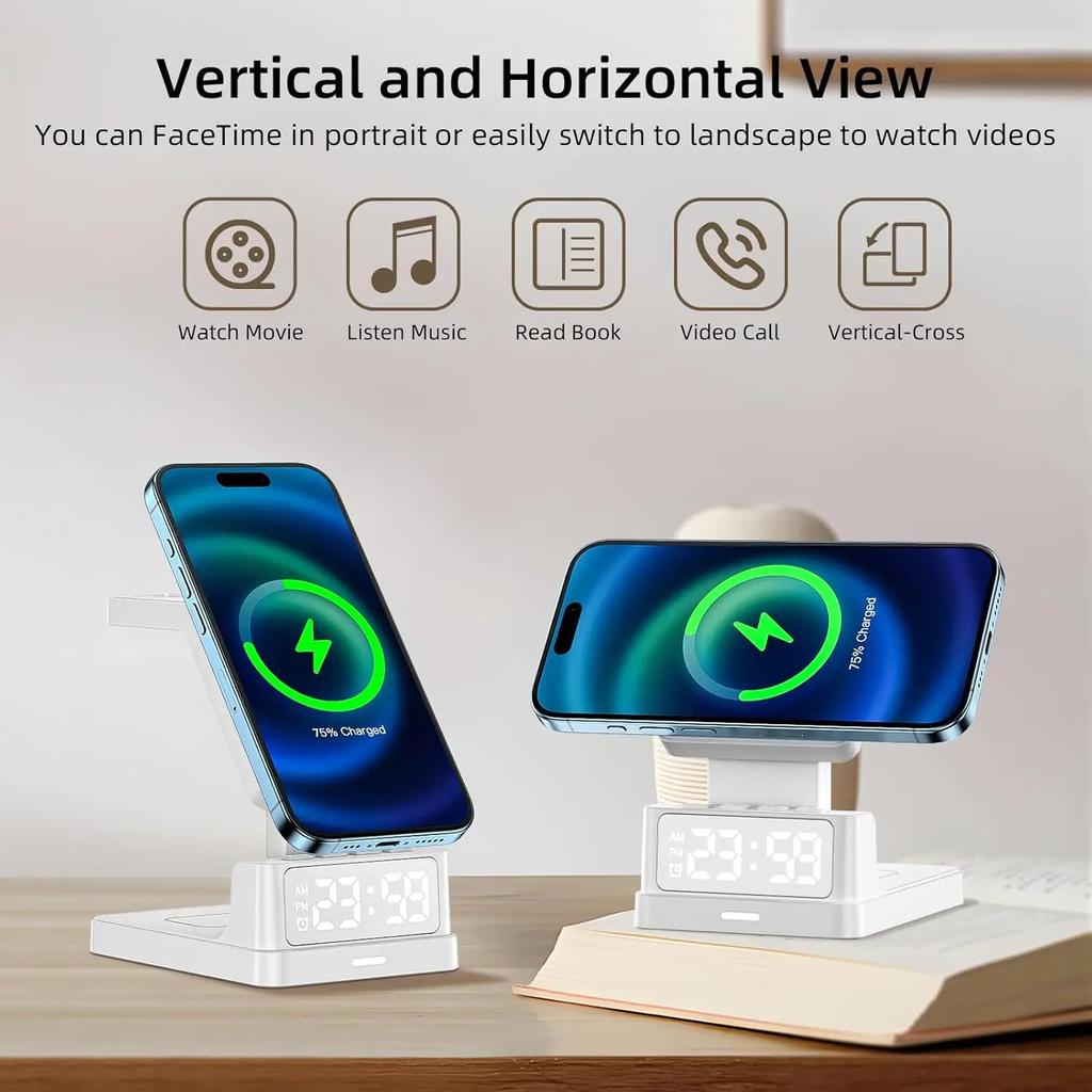 4-в-1 магнитное беспроводное зарядное устройство Magsafe для iPhone 16 15 14 13 12 часов AirPods Pro будильник быстрая зарядная станция