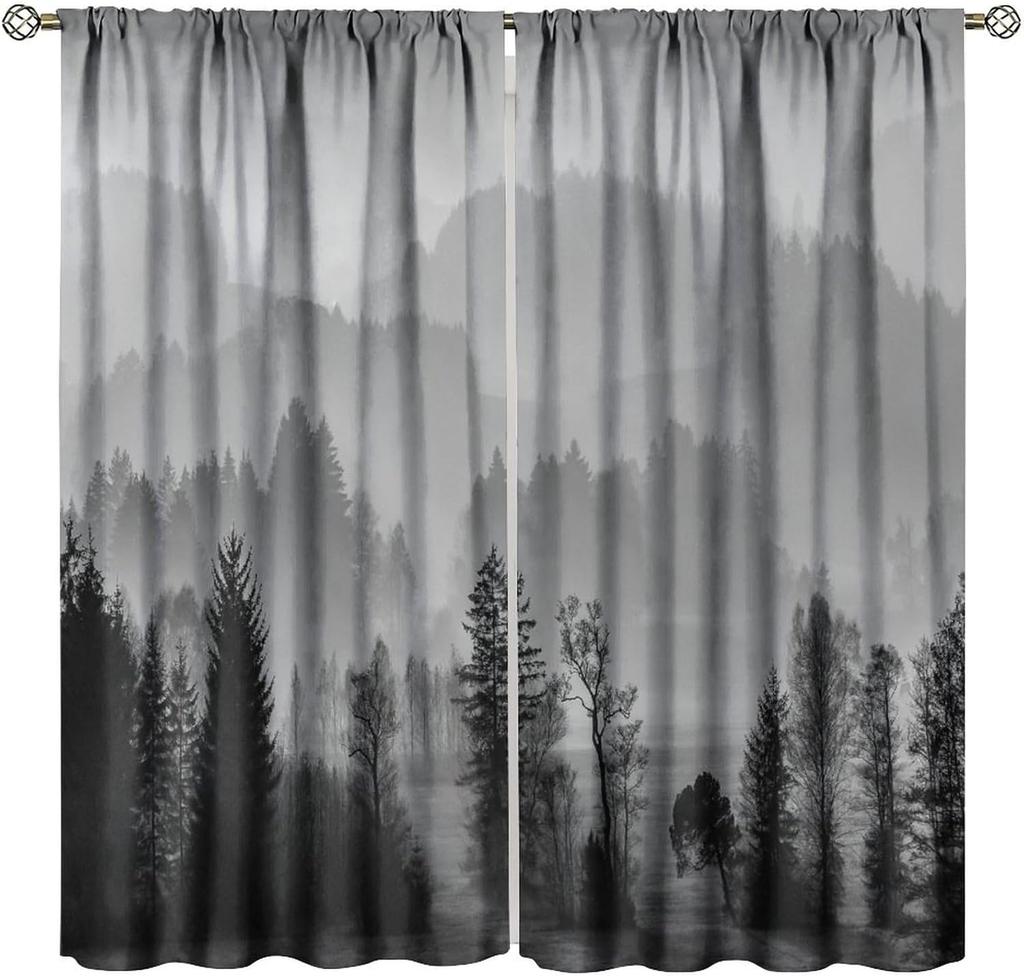 Gothic Dark Misty Forest Curtains, Mysterious Horror Foggy Dim Dead Jungle Under Strange Bright Moon,Thermal Insulation Blackout
