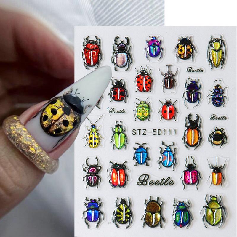 1 лист Y2K выгравированные летние маникюрные наклейки на ногти насекомые божья коровка цветок 5D самоклеящиеся украшения для ногтей