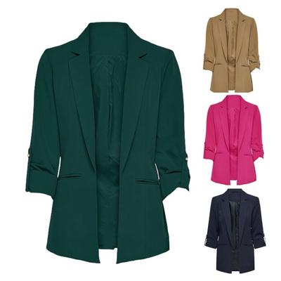 Женский пиджак с отложным воротником и длинными рукавами, однотонный пиджак с открытым передом для офиса и деловой одежды