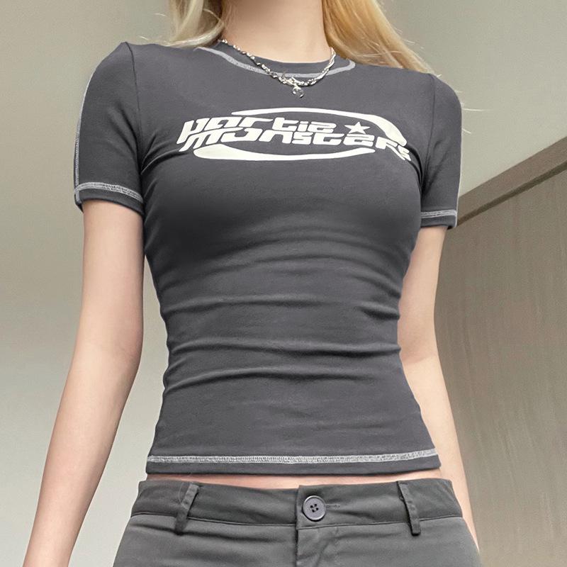 Европейская и американская весенняя женская футболка с короткими рукавами и принтом в функциональном стиле Instagram Spicy Girl Street Grey